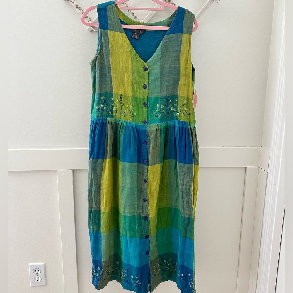 Vintage Cottagecore Mantles Embroidered Cotton Dress S | Blue Green Patchwork